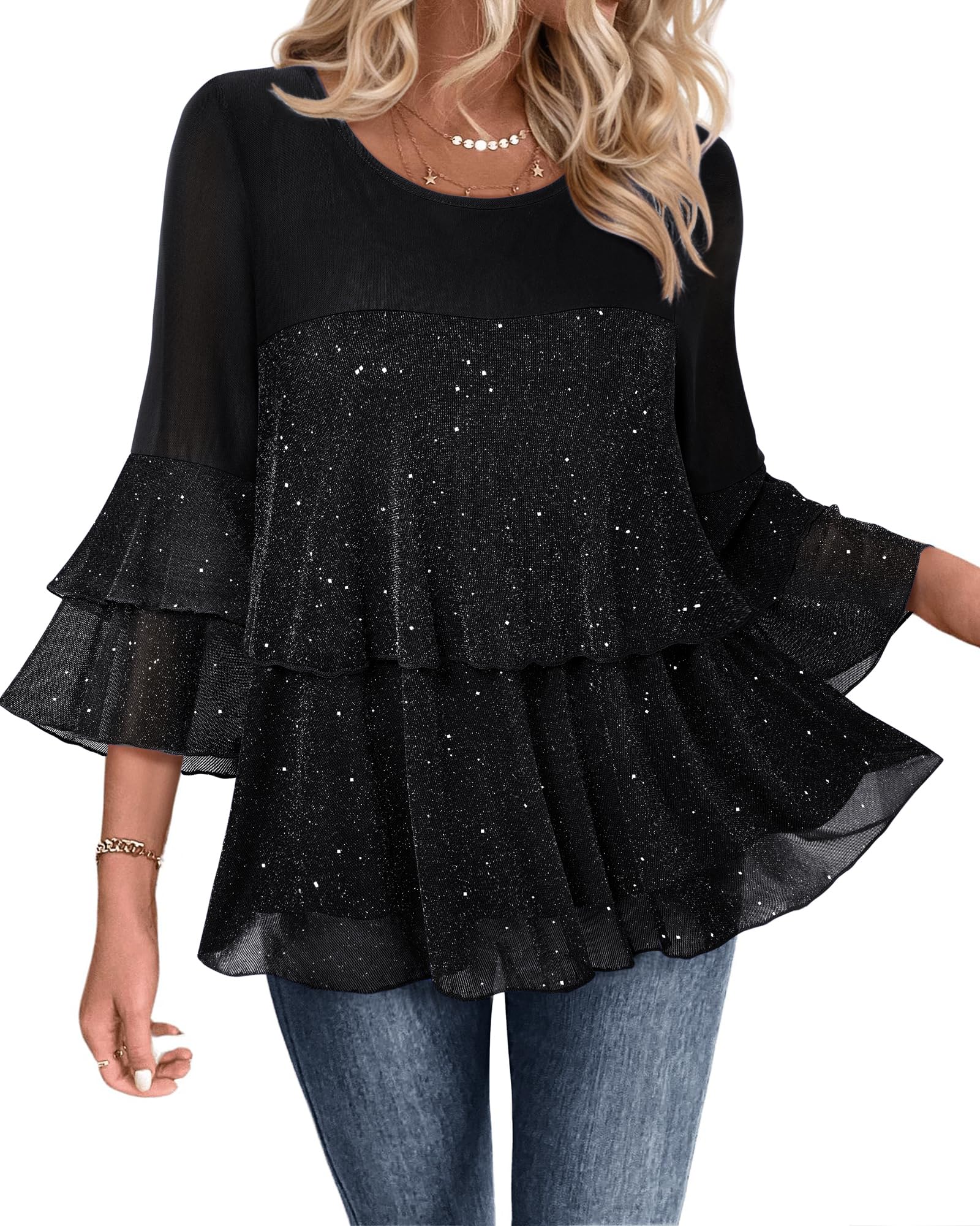 Bebonnie Womens Dressy Sparkly Tops 3/4 Sleeve Ruffles Elegant Evening Flowy Blouse